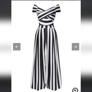 Black 1960s Off Sholder Stripes Jumpsuit